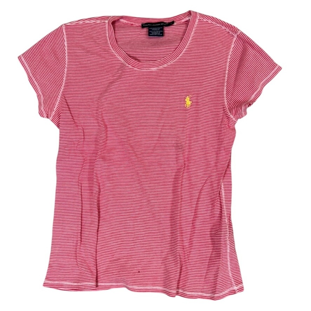 Ralph Lauren Sport Red White Striped Cotton Tee Womens Large Yellow Pony Logo